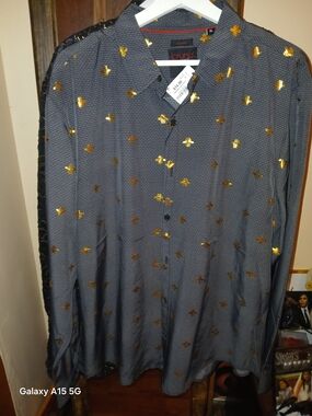 Bruno Men's Gray Dress Shirt with Gold Foil Detail